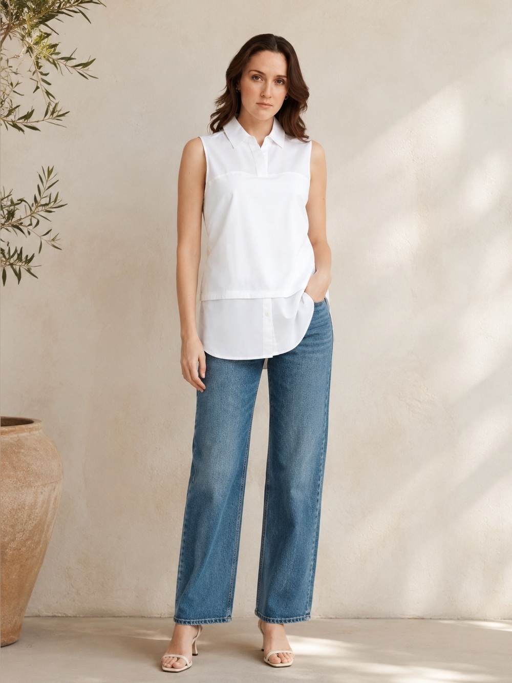 Hinson Wu Lea White Sleeveless Layered Collared Shirt Blouse Quiet Luxury Sz 1